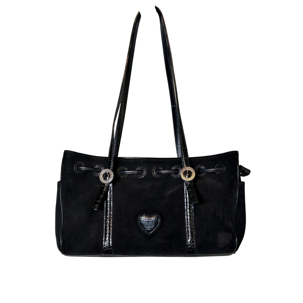 Brighton Shoulder Bag Purse Medium Black Heart Suede Croc Leather D284212 Y2K